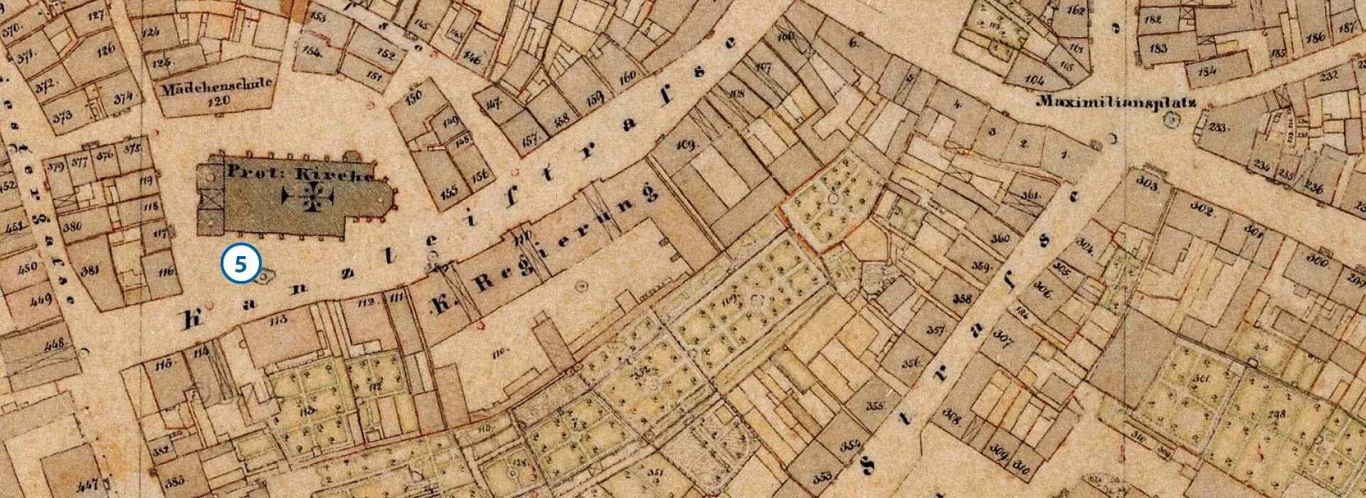 Alte Stadtkarte mit der Zahl an der Stelle des aktuellen Standorts