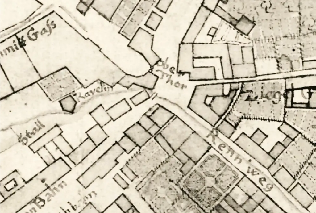Alte Stadtkarte, auf der die ehemalige Torburg eingezeichnet ist