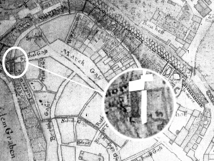 Alte Stadtkarte, auf der die die gefundenen Reste des Torturms eingezeichnet sind.