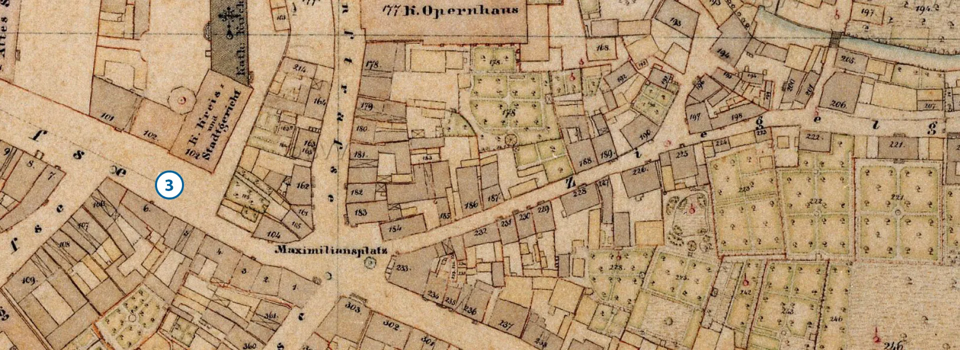 Alte Stadtkarte mit der Zahl an der Stelle des aktuellen Standorts
