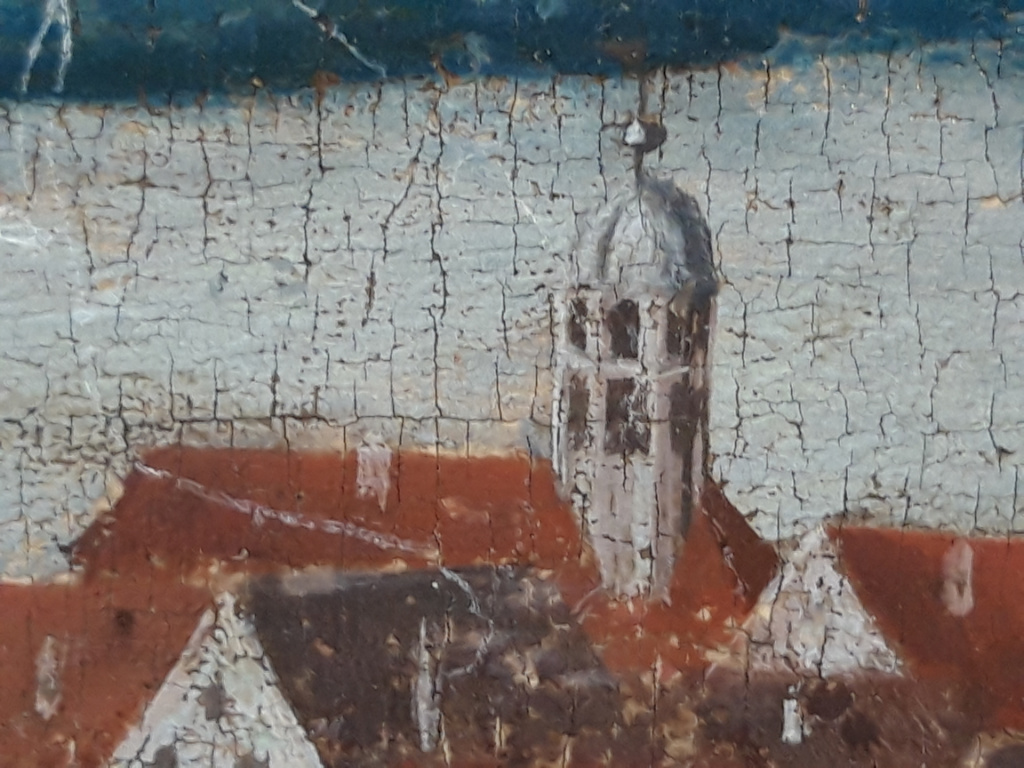 Altertümliches Gemälde mit Ansicht des Rathauses mit Glockentürmchen.